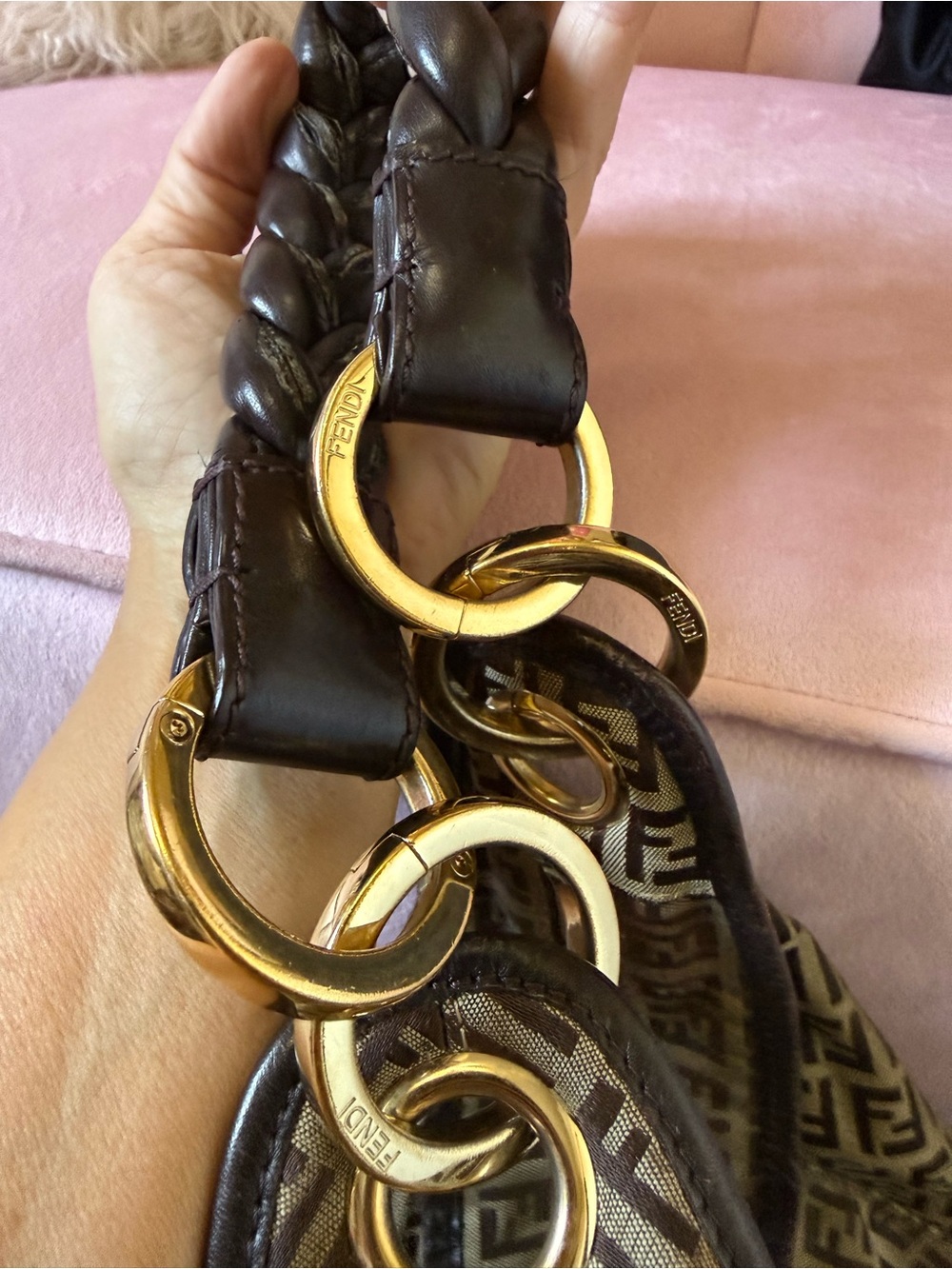 π―Auth! Vintage FENDI ZUCCHINO Shoulder Hobo Bag Canvas w Braided Leather Handle - Picture 15 of 16